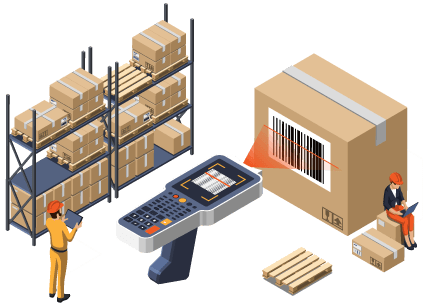 Oversized barcode device scanning a barcoded box near warehouse shelves representing inventory loss prevention through features like barcoding