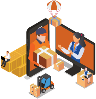 Oversized people protruding from computer screen and phone with smaller people on laptops by boxes and forklift to represent informed purchasing decisions to help secure solid relationships with suppliers