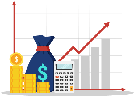 Graph with coins, money bag and calculator representing true product cost and the various ways it impacts aspects of a business