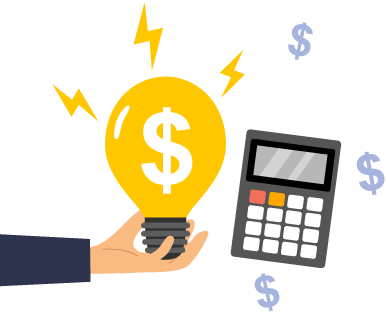 Hand holding lightbulb with money sign next to calculator and more smaller money signs representing the essential need to calculate landed costs to know your true product cost