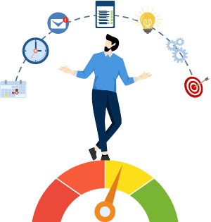 Person standing on a meter with a needle in the yellow with multiple graphics representing challenges above them