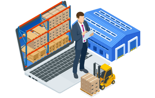 An oversized person standing on an open laptop displaying warehouse shelves with boxes on the screen near a warehouse building and forklift to represent warehouse coordination and improving it with inventory software