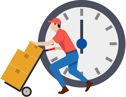 Delivery person running with boxes on dolly and a clock in the background to represent distribution management challenges