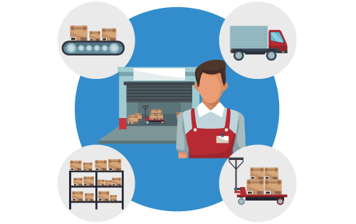 Person with warehouse in background surrounded by graphics representing elements of distribution management, i.e., a warehouse shelf of boxes, a conveyor belt with boxes, and a delivery truck