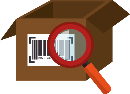 A box labeled with a barcode being magnified by a magnifying glass