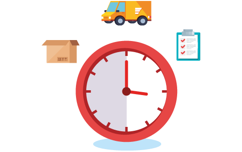 Large clock surrounded by a box, delivery van & clipboard to represent efficient order fulfillment