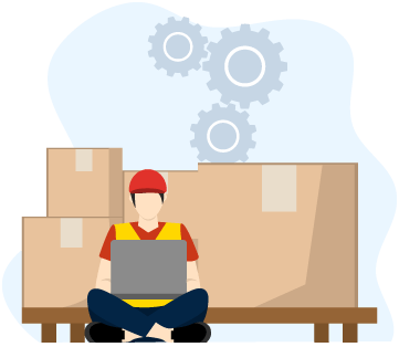 Person on laptop in warehouse sitting in front of pallet of boxes representing purchase order management software for inventory control, reordering and more