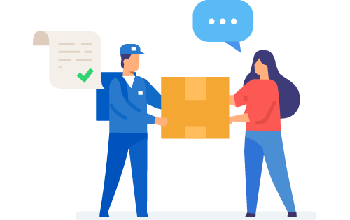 Delivery person delivering package to customer who ordered online from a company that has established sales order management