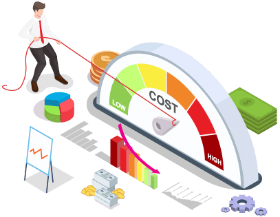 Business person pulling needle of cost meter toward low surrounded by money, gears, charts and graphs representing better purchasing decisions with cost management