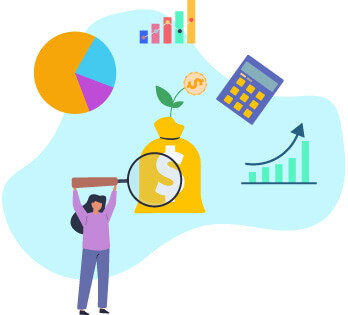 Person holding an oversized magnifying glass over a money bag with a growing money flower surrounded by a calculator, and graphs to represent the benefits gained from using software solutions to reduce inventory waste