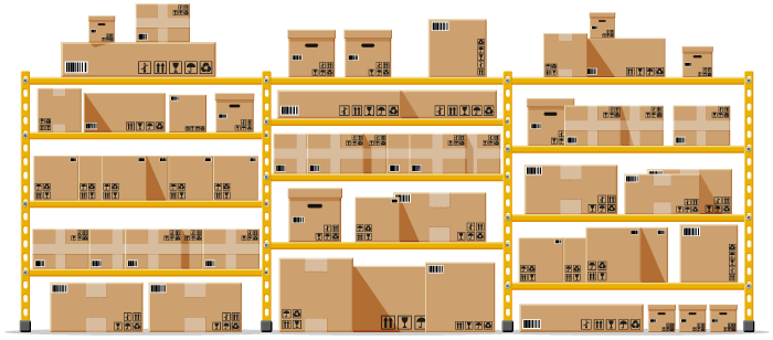 A warehouse shelf full of boxes representing the type inventory waste that populate a warehouse and should be reduced to save money, be more efficient and more