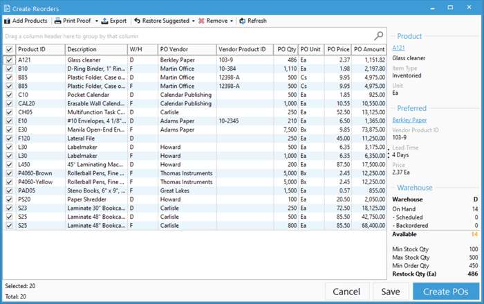 Acctivate Create Reorders Window