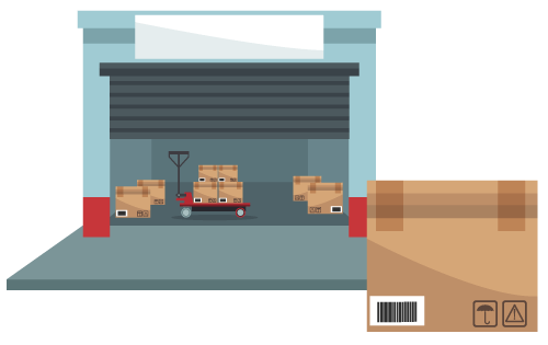 A warehouse with the dock door open and a box in the foreground to represent the inventory receiving process