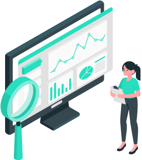 Person standing in front of oversized magnifying glass and computer monitor displaying data visually in an inventory dashboard representing achieving consistent data with inventory software