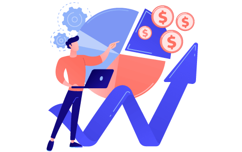 Person holding laptop pointing at pie chart near upward arrow, money and gears representing forecasting demand accurately