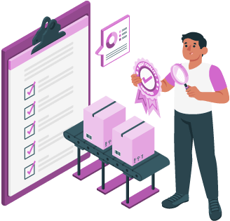 Person looking at "best quality" ribbon with magnifying glass by a conveyor belt with boxes and clipboard in background to represent reducing fulfillment errors by implementing quality control