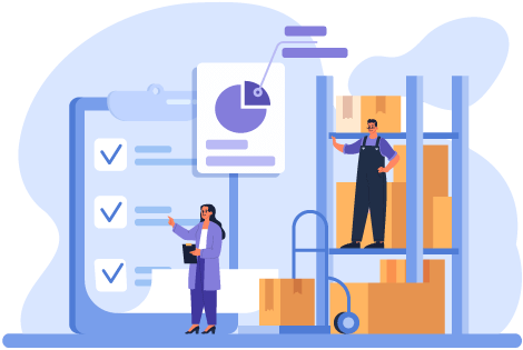 Person on warehouse shelf with boxes and   another person pointing to an enlarged clipboard with a pie chart nearby representing improving operational efficiency in various ways, including gaining real-time inventory tracking