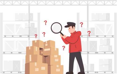 Person with oversized magnifying glass looking at a stack of boxes in a warehouse surrounded by question marks representing the need for inventory accuracy best practices in business operations