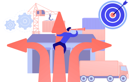 Person on an arrow between two curved arrows, looking through a telescope toward a bullseye target with a warehouse and gears in the background to represent challenges to achieving accuracy and precision in inventory and order management