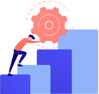 Person pushing a large gear up chart steps representing inventory and order  management accuracy strategies to overcome challenges