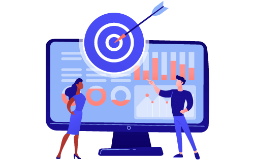 People in front of an oversized monitor full of data and a target with a bullseye representing improvements in accuracy and precision via inventory and order management software