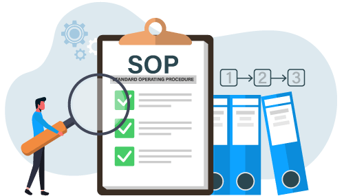 Person with oversized magnifying glass looking at clipboard of a SOP representing best practices for efficient inventory receiving processes