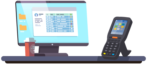 A desk with a computer monitor and mobile barcoding device representing the inventory receiving process and how technology helps streamline it