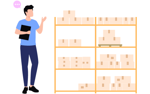 Person with a speech bubble standing next to a warehouse shelf with boxes representing using inventory threshold alerts to keep the right items in stock