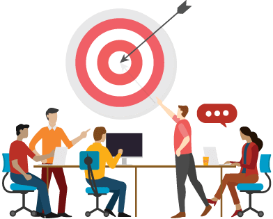 A team at a table on computers with a target that has a bullseye above them to represent identifying relevant Key Performance Indicators