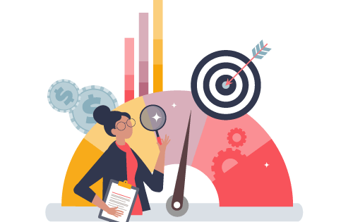 Person with magnifying glass and clipboard looking at a meter surrounded by a target, gears, and bar chart representing business improvement when you monitor Key Performance Indicators (KPIs)