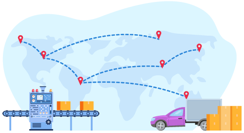 Boxes going through a conveyor and a delivery truck with boxes to load and a map of location pins in the background representing operational analysis and how it helps to enhance order management