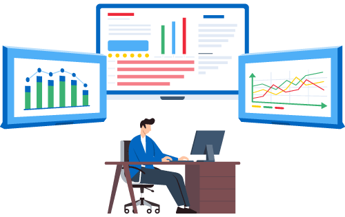 Person at a desk on a computer with screens showing data graphs and charts in the background representing operational methods and tools, i.e., inventory and order management software