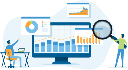 Person on computer at desk pointing toward data windows popping out of a computer monitor while another person holds a magnifying glass over the data representing operational analysis with inventory and order management software