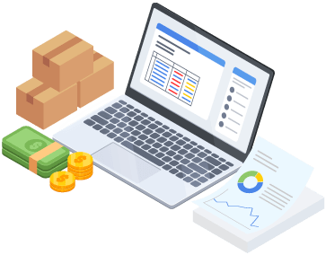 Laptop with inventory software surrounded by stack of papers with data, money, and boxes to represent prevention of overstocking and understocking with inventory management software