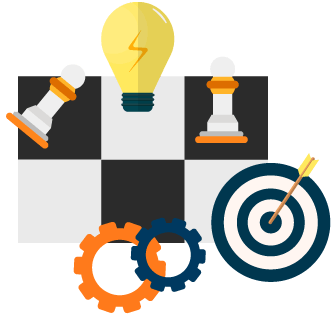 A chess board with 2 chess pieces, gears, a bullseye target and lightbulb to represent strategies for preventing overstocking and understocking