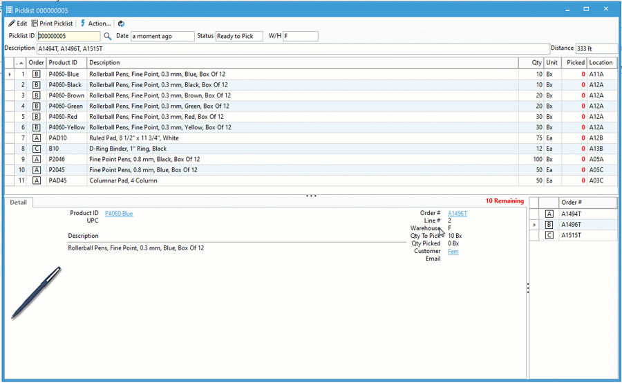 Screenshot of a picklist in Acctivate inventory and order management software