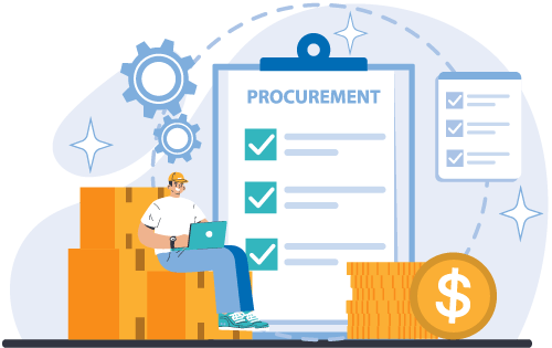 Oversized clipboard in background with a paper labeled, "Procurement" surrounded by person sitting on boxes with laptop, gears, coins, and a software application window representing that quick purchase orders help business streamline their procurement