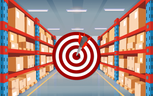 Warehouse aisle of shelves with an oversized target with a bullseye in the middle representing the many benefits of real-time inventory tracking