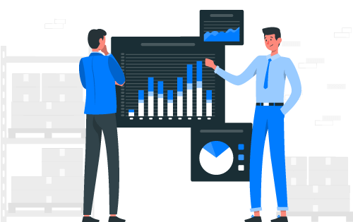 People in warehouse looking at data windows representing the benefits of real-time reporting for inventory and order management among businesses