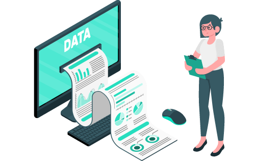 Person in front of computer that is providing instant data in the form of a report to represent real-time reporting for better inventory management