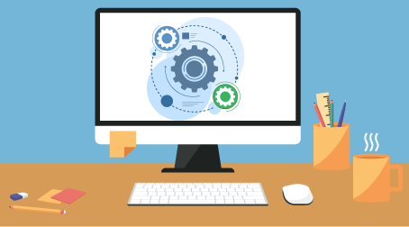 Computer at desk with gears on the screen to represent using automated processes to reduce time-consuming tasks