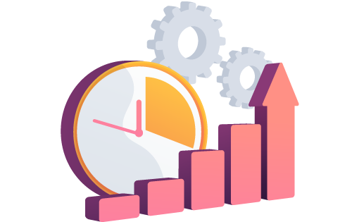 Upward trending bar chart with clock and gears representing the reduction of time-consuming tasks in order and inventory management