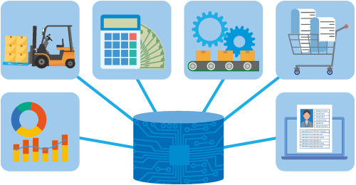 A database in the center with graphics branching from it representing time-consuming tasks that are eased with centralized data system