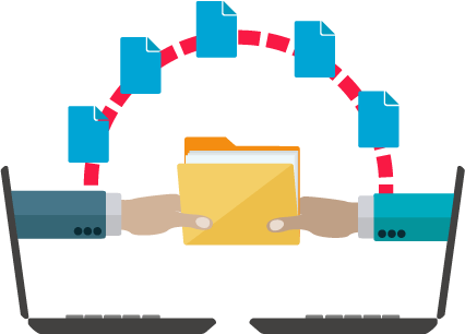 Two laptops facing each other with arms coming out holding a file and documents surrounding it showing movement from one computer to the other representing EDI and how it reduces time-consuming tasks when selling to big box retailers