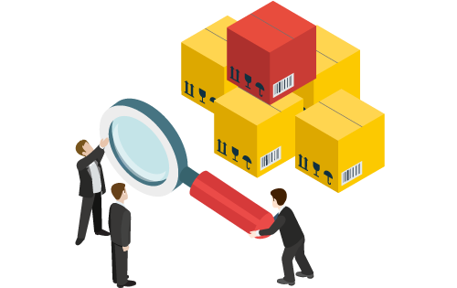 People holding oversized magnifying glass toward boxes with serial number barcodes to represent tracking capabilities in inventory management