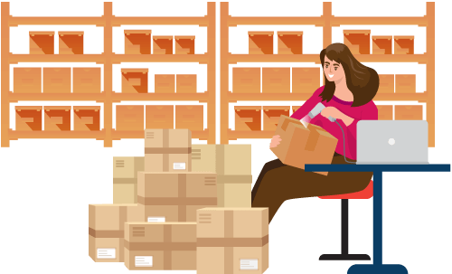 Person in warehouse at desk with lap top scanning boxes representing implemented barcoding technology