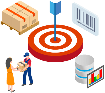 Target with a bullseye surrounded by boxes for inventory, a barcode for barcoding technology, a person delivery a package for orders, and a database with a chart for data representing accuracy in all those areas