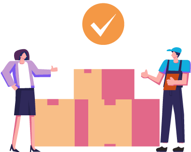 A person and a delivery person holding a thumbs up by boxes with a hovering checkmark to represent ensuring accuracy of orders with best practices