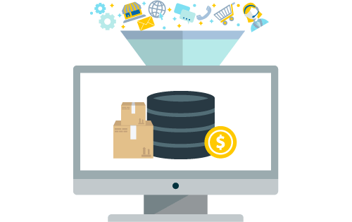 A funnel pushing data for different sales channel orders into a computer displaying a database symbol with boxes and a money sign representing unified order management