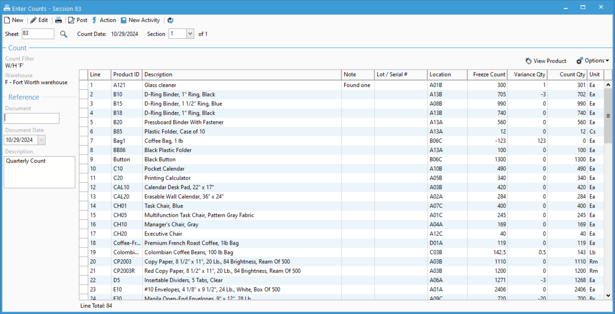 Acctivate Inventory Count Window